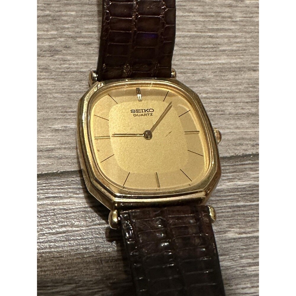 Vintage Seiko Womens Watch Gold Dial Brown Leather Quartz Dress Classic